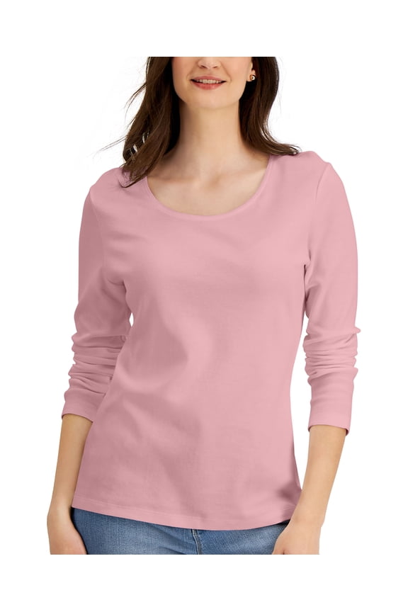 Long Sleeve Cotton Scoop Neckline Top Boca Blush L