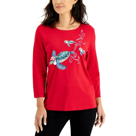 Karen Scott Merry Turtles Holiday Top New Red Amore M
