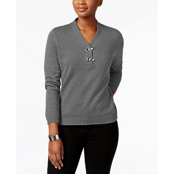 Karen Scott Metallic Hardware Cotton Sweater Charcoal Heather XS