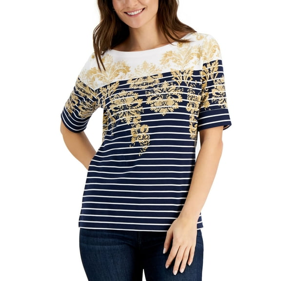 Karen Scott Mixed Print Elbow Sleeve Top Intrepid Blue S