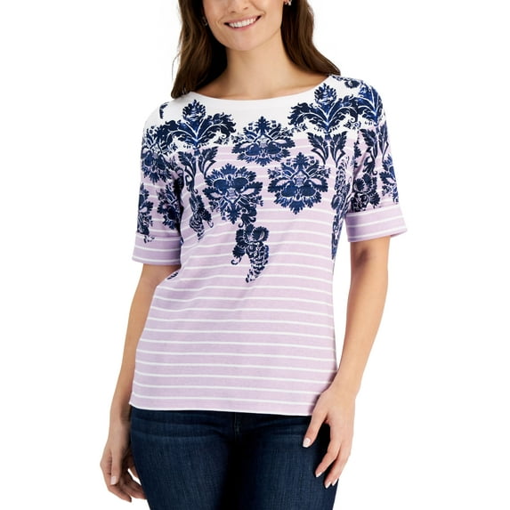 Karen Scott Mixed Print Elbow Sleeve Top Lilac Moon 2XL