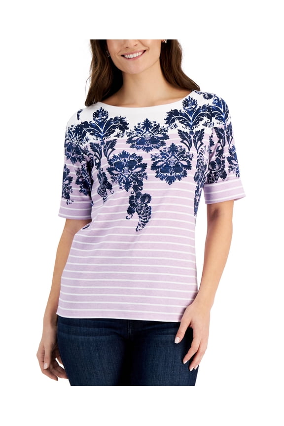 Mixed Print Elbow Sleeve Top Lilac Moon XS