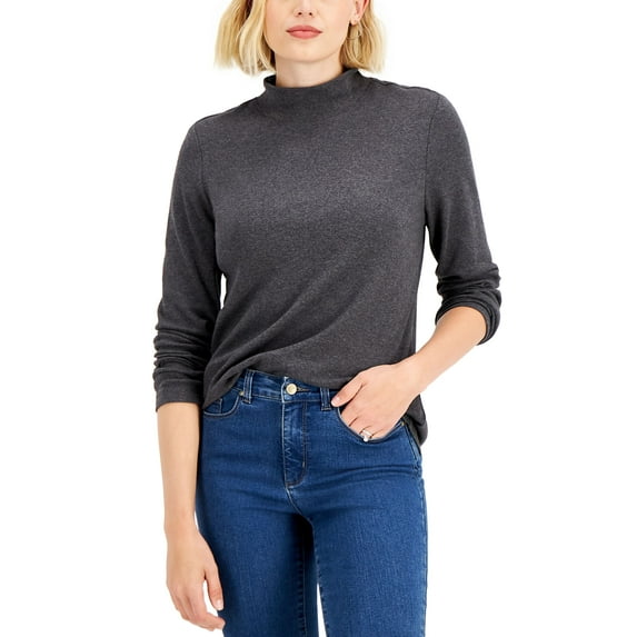 Karen Scott Mock Neck Top Charcoal Heather L