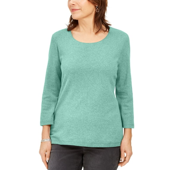 Karen Scott Petite 3/4 Sleeve Cotton Scoop Neck Top Aqua Ice PS