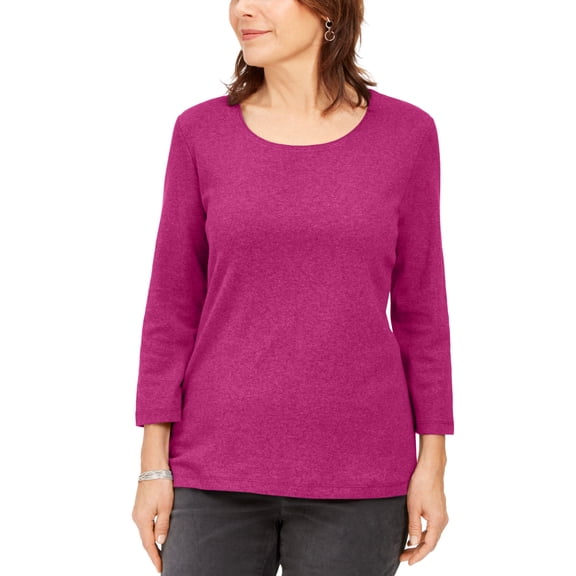 Karen Scott Petite 3/4 Sleeve Cotton Scoop Neck Top Berry Ice PM