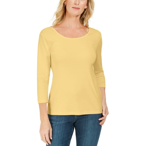 Karen Scott Petite 3/4 Sleeve Cotton Scoop Neck Top Citron Aura PXL