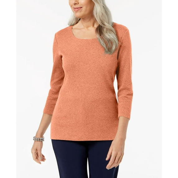 Karen Scott Petite 3/4 Sleeve Cotton Scoop Neck Top Pacific Coral PS