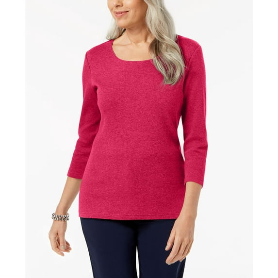 Karen Scott Petite 3/4 Sleeve Cotton Scoop Neck Top Radient Rose PXL