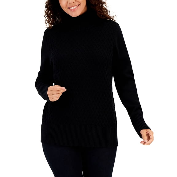 Karen Scott Petite Cable Front Turtleneck Sweater Deep Black PM