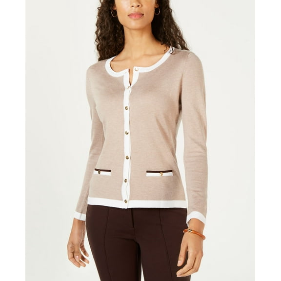 Karen Scott Petite Contrast Trim Cardigan Chestnut Heather Combo PS