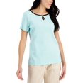 thumbnail image 1 of Karen Scott Petite Contrast Trim Keyhole T-Shirt Aqua Ice PL, 1 of 1