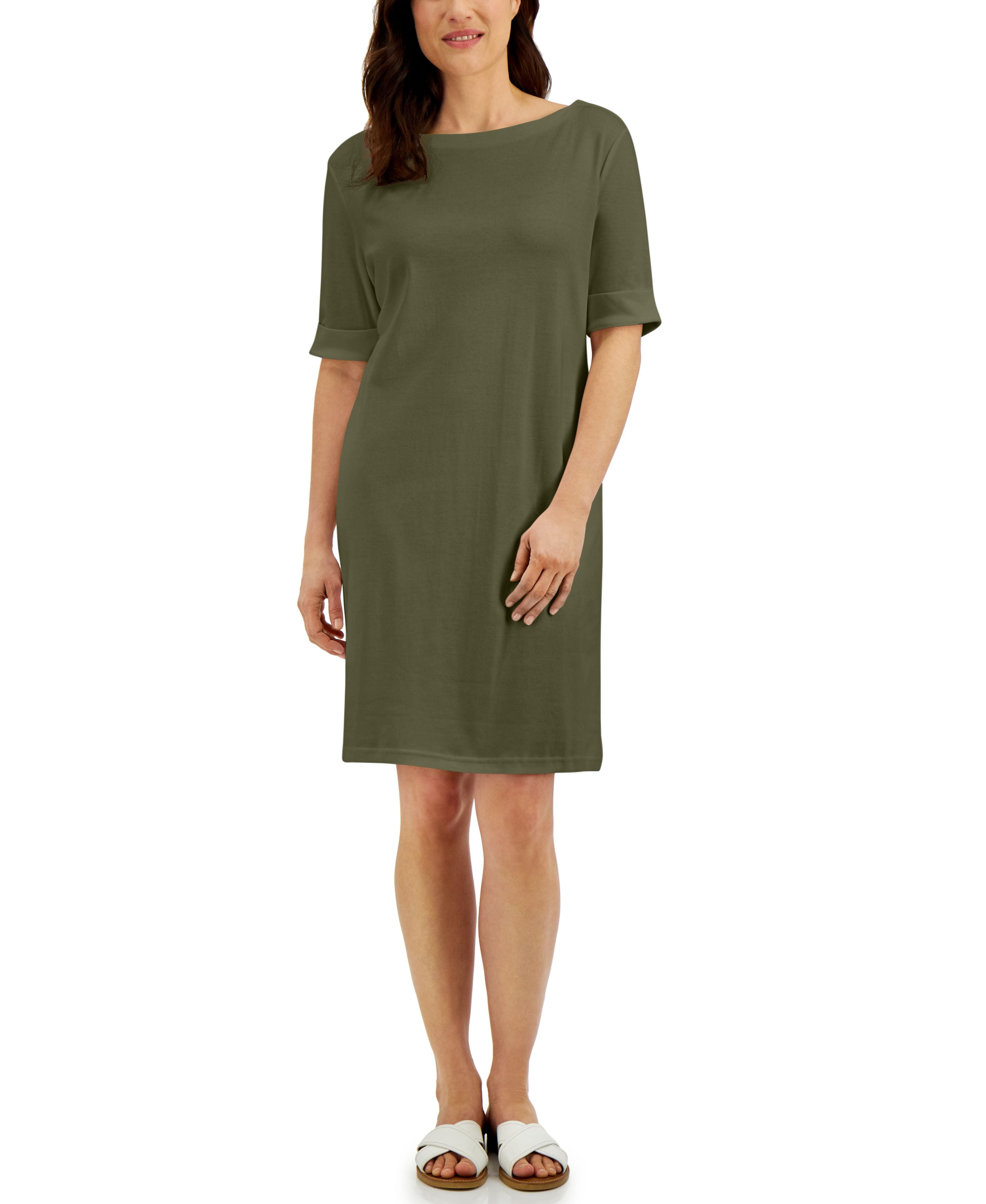karen scott cotton dresses Karen Scott Petite Cotton Boat Neck Elbow Sleeve Dress Winter Moss PL