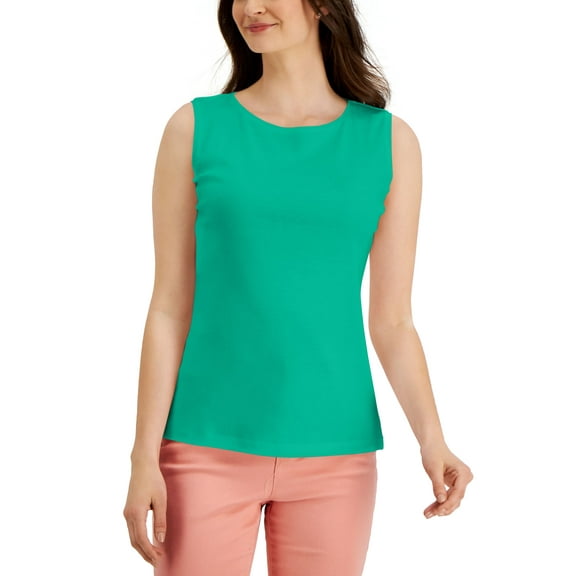Karen Scott Petite Cotton Boat Neck Tank Top Coastline Teal PXL