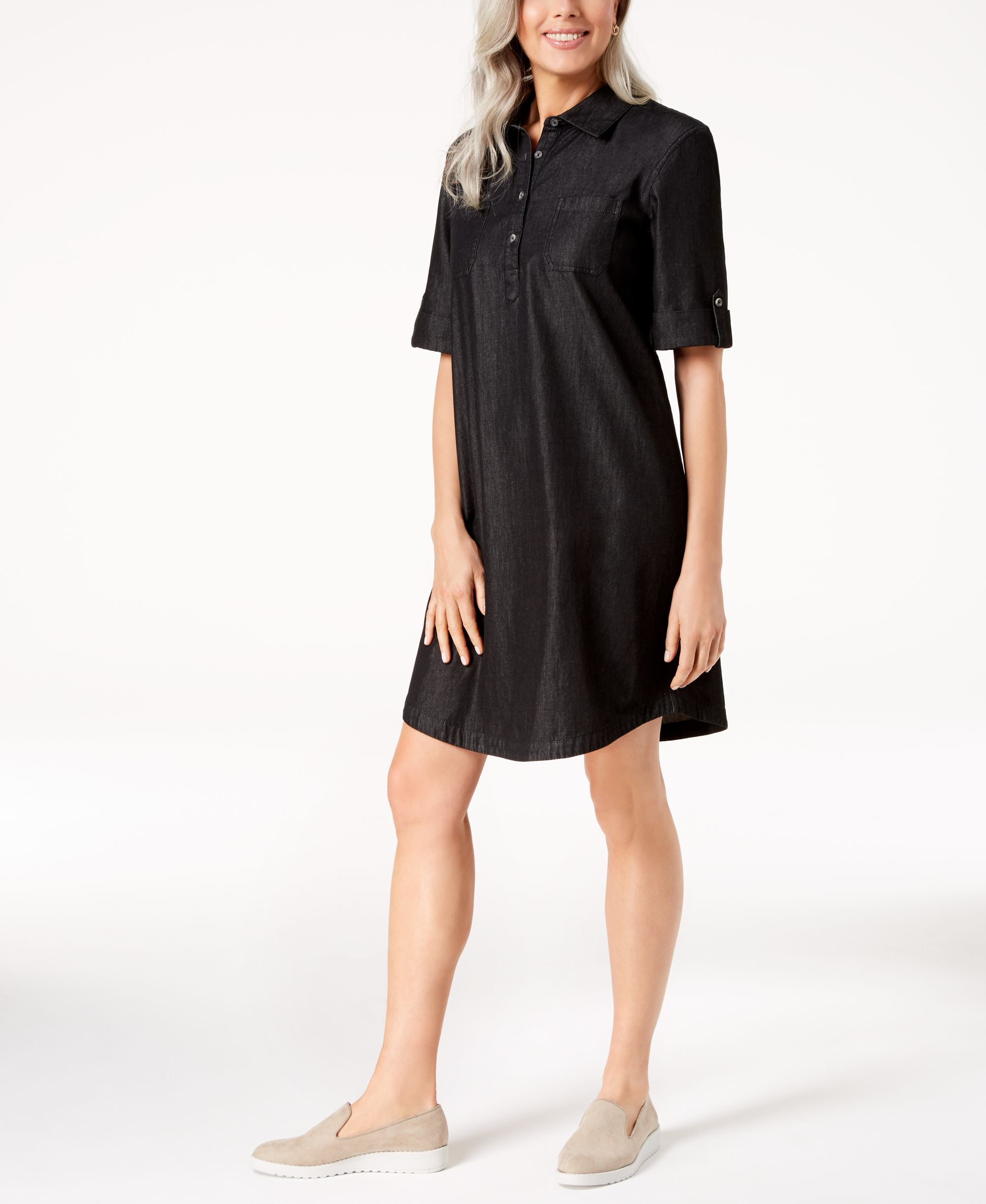 Karen Scott Petite Cotton Chambray Shirtdress Black Wash PS