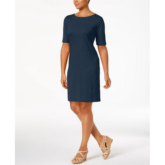 Karen Scott Petite Cotton Elbow Sleeve Dress Blue PS