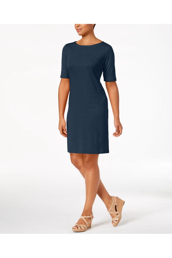 Petite Cotton Elbow Sleeve Dress Blue PS