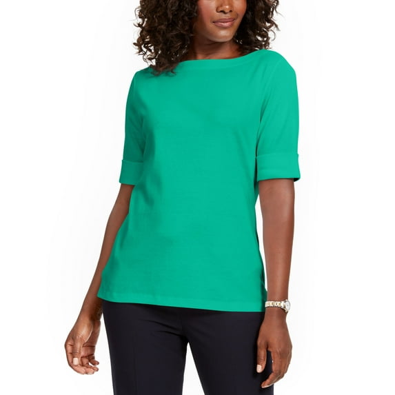 Karen Scott Petite Cotton Elbow Sleeve T-Shirt Coastline Teal PL