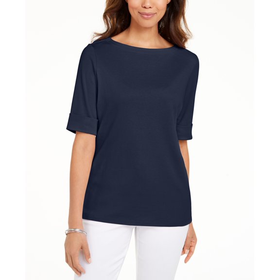 Karen Scott Petite Cotton Elbow Sleeve T-Shirt Intrepid Blue PXS