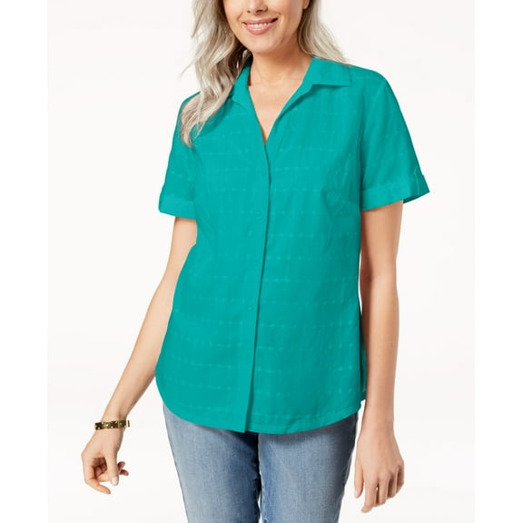 Karen Scott Petite Cotton Eyelet Shirt Crisp Teal PXS