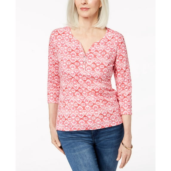 Karen Scott Petite Cotton Heart Print Henley T-Shirt Steel Rose PXS