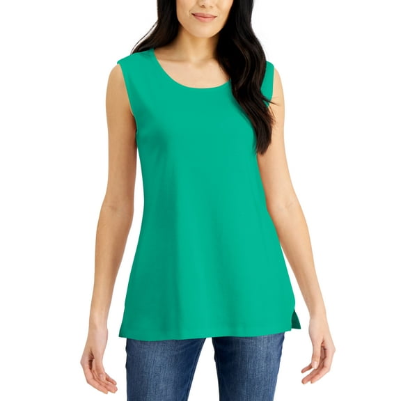 Karen Scott Petite Cotton Scoop Neck Tank Top Coastline Teal PS