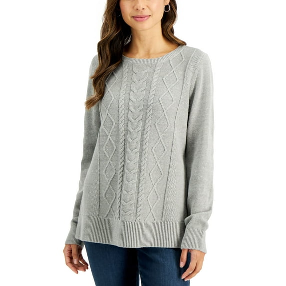 Karen Scott Petite Diamond Center Cable Knit Cotton Sweater Smoke Grey Heather PL