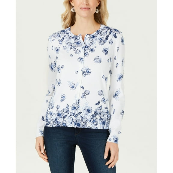 Karen Scott Petite Floral Print Cardigan Bright White Combo P/M