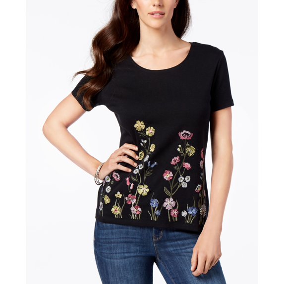 Karen Scott Petite Floral Print T-Shirt Deep Black PXS