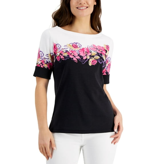 Karen Scott Petite Floral Print Top Deep Black PS