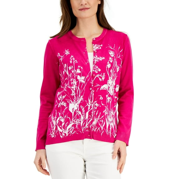 Karen Scott Petite Grow With Love Printed Cardigan Berry Ice Combo PS