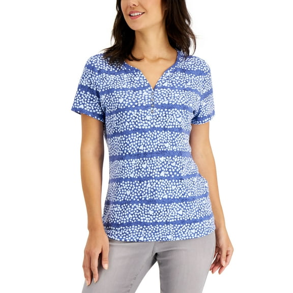 Karen Scott Petite Hidden Heart Henley Top Galaxy Blue Heather PXS