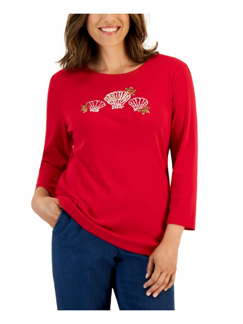 Karen Scott Petite Holiday Print 3/4 Sleeve Tops New Red Amore