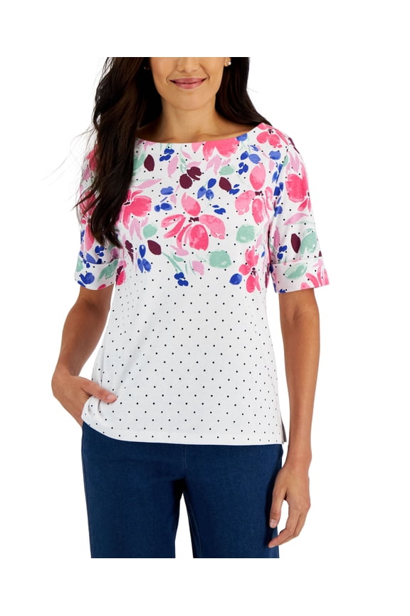 Petite Lee Floral Print Boat Neck Top Bright White PXS