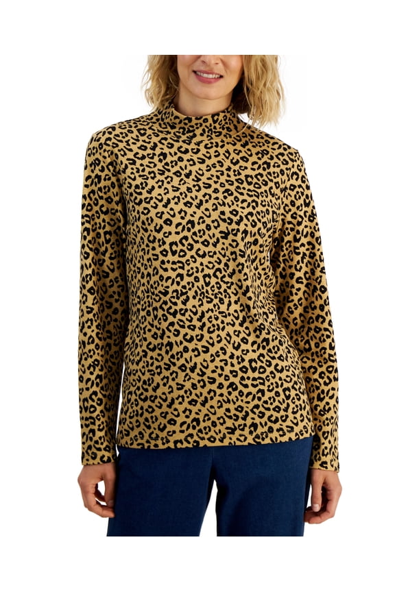 Petite Leopard Flow Mock Turtleneck Top Icy Coffee PL