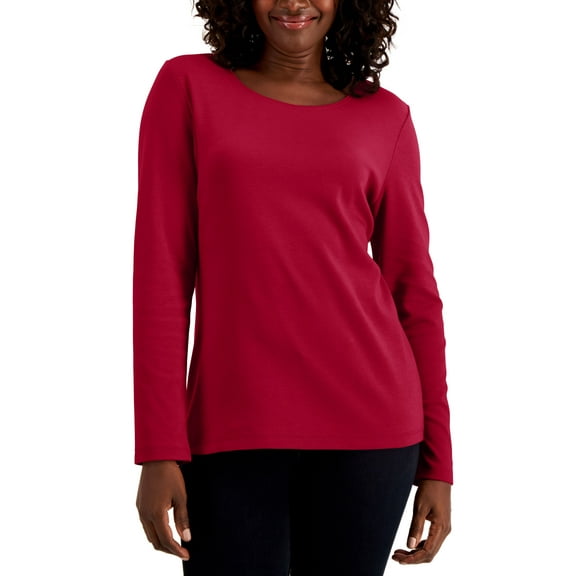 Karen Scott Petite Long Sleeve Cotton Scoop Neckline Top New Red Amore PL