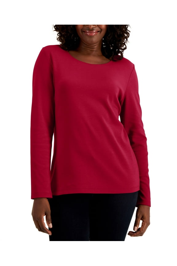 Petite Long Sleeve Cotton Scoop Neckline Top New Red Amore PL