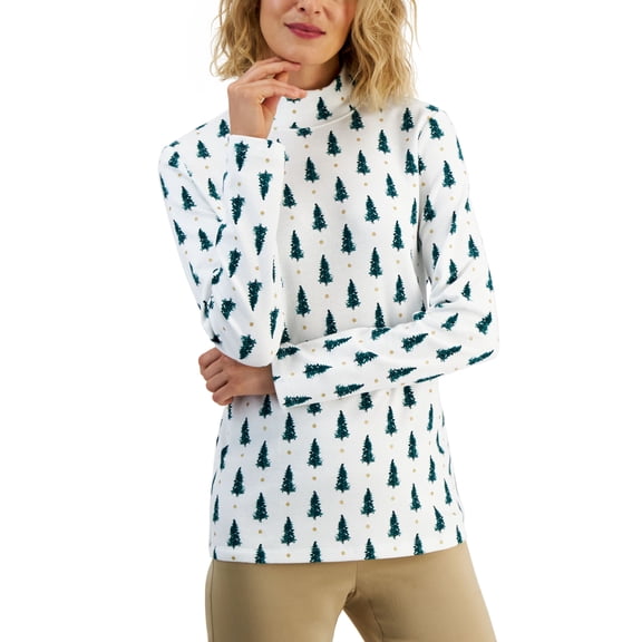 Karen Scott Petite Mock Neck Printed Top Winter White Trees PL