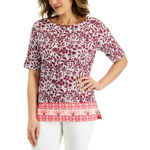 Karen Scott Petite Oahu Dream Elbow Sleeve Boatneck Top Malbec PL