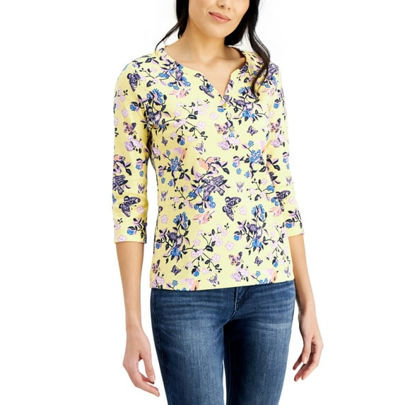 Karen Scott Petite Printed 3/4 Sleeve Henley Top Citron Aura PXL