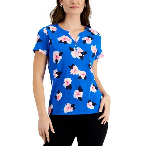 Karen Scott Petite Printed Henley Top Vibrant Blue PS