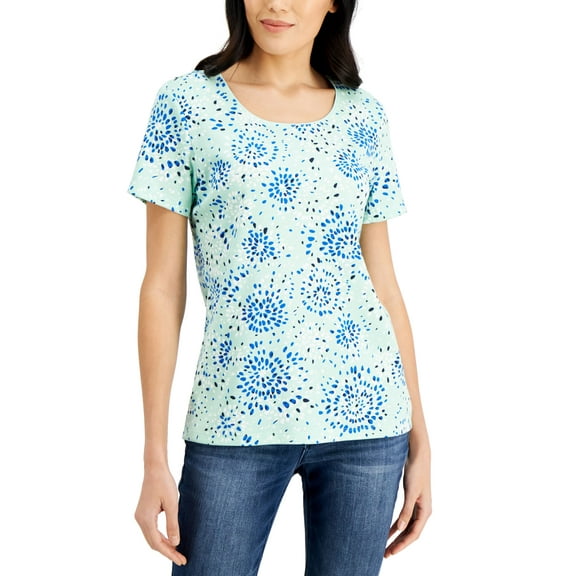 Karen Scott Petite Printed Scoop Neck T-Shirt Aqua Ice PS