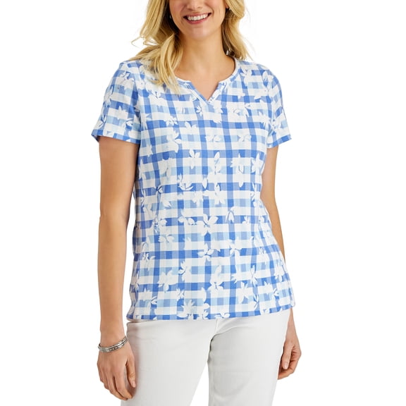 Karen Scott Petite Short Sleeve Gingham Bloom Split Neck Top Waterfall PS