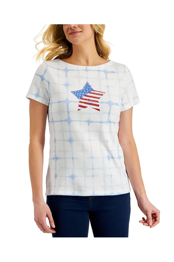 Petite Short Sleeve Star Flag Boatneck Top Bright White PS