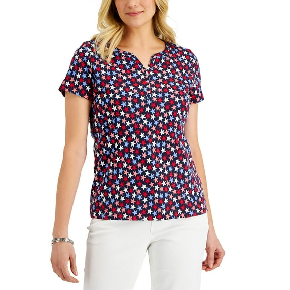 Karen Scott Petite Short Sleeve Star Henley Top Intrepid Blue PS