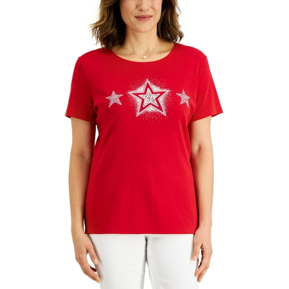 Karen Scott Petite Short Sleeve Triple Shine Top New Red Amore PM
