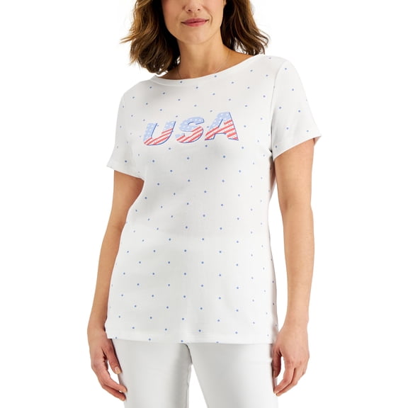 Karen Scott Petite Short Sleeve Usa Stars Boatneck Top Bright White PS