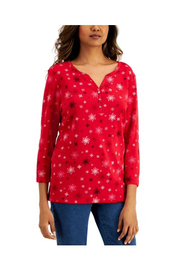 Haut Noël Karen Scott - Manches 3/4, Rouge, Design Sapin & Palmier, Taille PS, Parfait état
