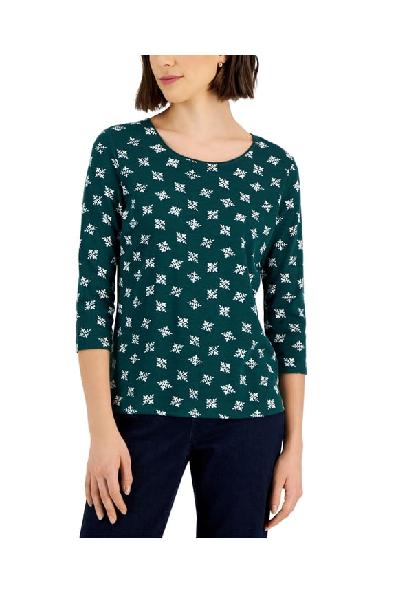 Petite Snowflake Toss Scoop Neck Top Spruce Night PXS