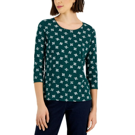 Karen Scott Petite Snowflake Toss Scoop Neck Top Spruce Night PXS