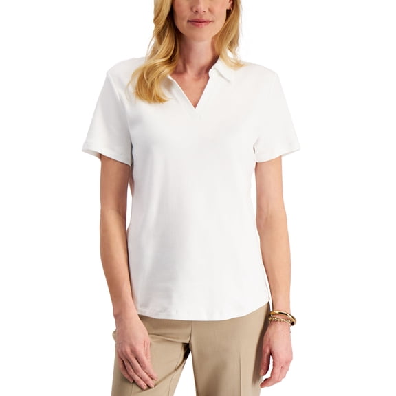Karen Scott Petite Solid Johnny Collared Top Bright White PXL